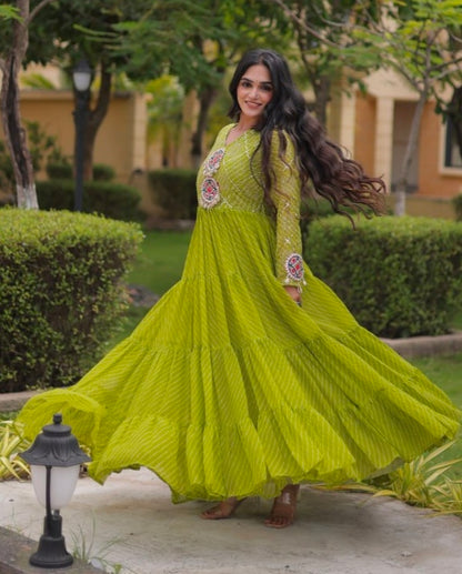 Parrot Pure Faux Georgette Lahariya Print with Kutchi Patchwork Navratri Gown