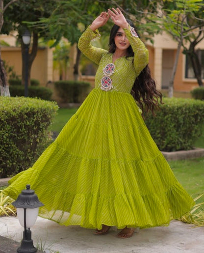 Parrot Pure Faux Georgette Lahariya Print with Kutchi Patchwork Navratri Gown
