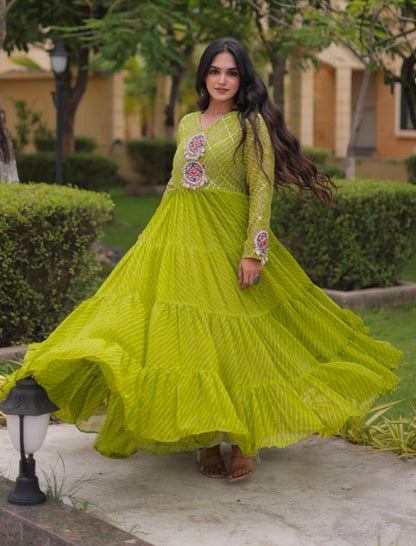 Parrot Pure Faux Georgette Lahariya Print with Kutchi Patchwork Navratri Gown