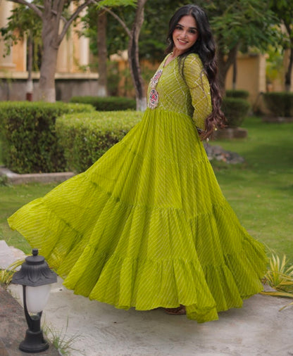 Parrot Pure Faux Georgette Lahariya Print with Kutchi Patchwork Navratri Gown
