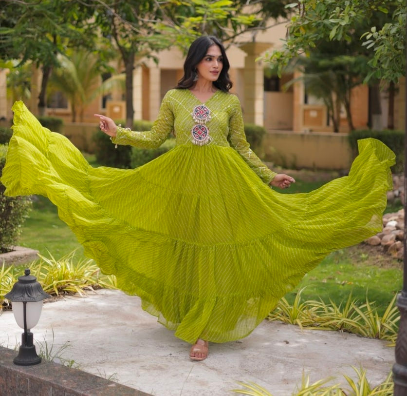 Parrot Pure Faux Georgette Lahariya Print with Kutchi Patchwork Navratri Gown