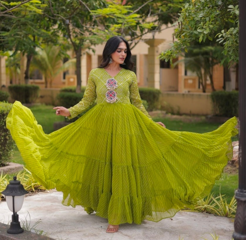 Parrot Pure Faux Georgette Lahariya Print with Kutchi Patchwork Navratri Gown