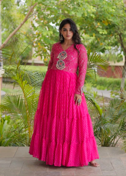 Pink Pure Faux Georgette Lahariya Print with Kutchi Patchwork Navratri Gown