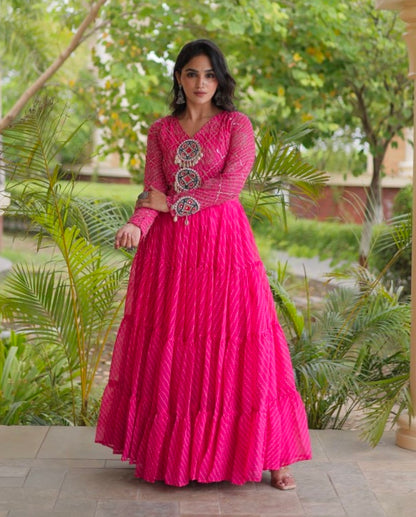 Pink Pure Faux Georgette Lahariya Print with Kutchi Patchwork Navratri Gown