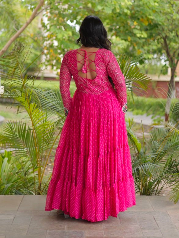 Pink Pure Faux Georgette Lahariya Print with Kutchi Patchwork Navratri Gown