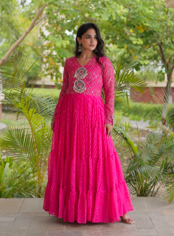 Pink Pure Faux Georgette Lahariya Print with Kutchi Patchwork Navratri Gown