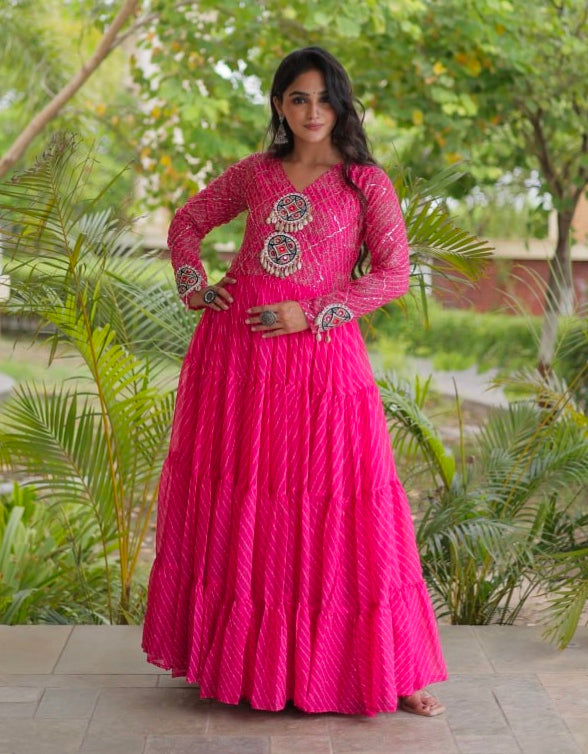 Pink Pure Faux Georgette Lahariya Print with Kutchi Patchwork Navratri Gown