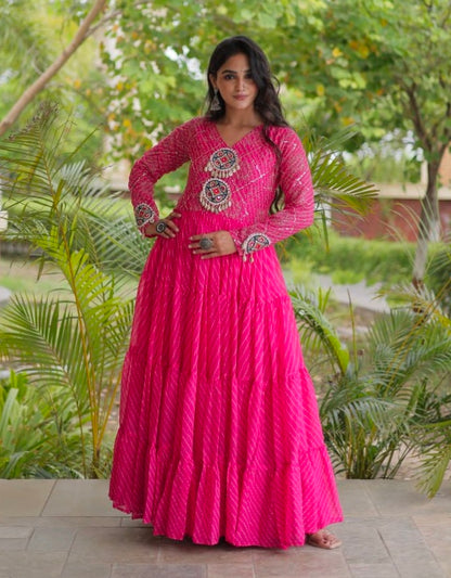Pink Pure Faux Georgette Lahariya Print with Kutchi Patchwork Navratri Gown