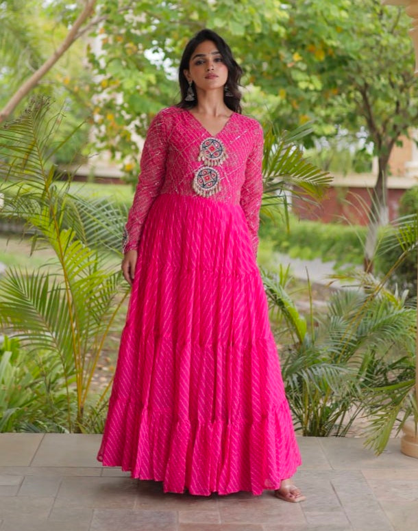 Pink Pure Faux Georgette Lahariya Print with Kutchi Patchwork Navratri Gown