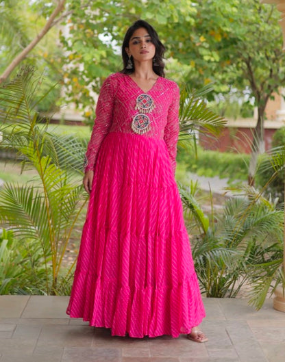Pink Pure Faux Georgette Lahariya Print with Kutchi Patchwork Navratri Gown