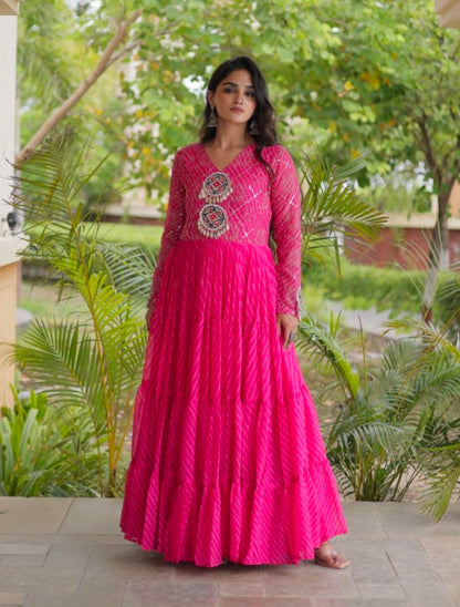 Pink Pure Faux Georgette Lahariya Print with Kutchi Patchwork Navratri Gown