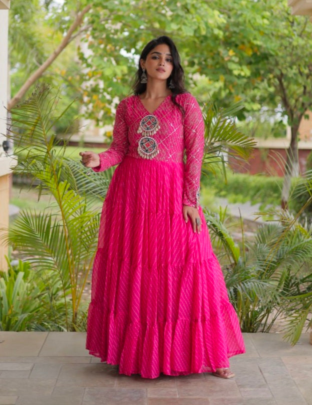 Pink Pure Faux Georgette Lahariya Print with Kutchi Patchwork Navratri Gown