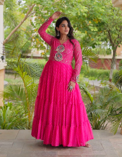 Pink Pure Faux Georgette Lahariya Print with Kutchi Patchwork Navratri Gown