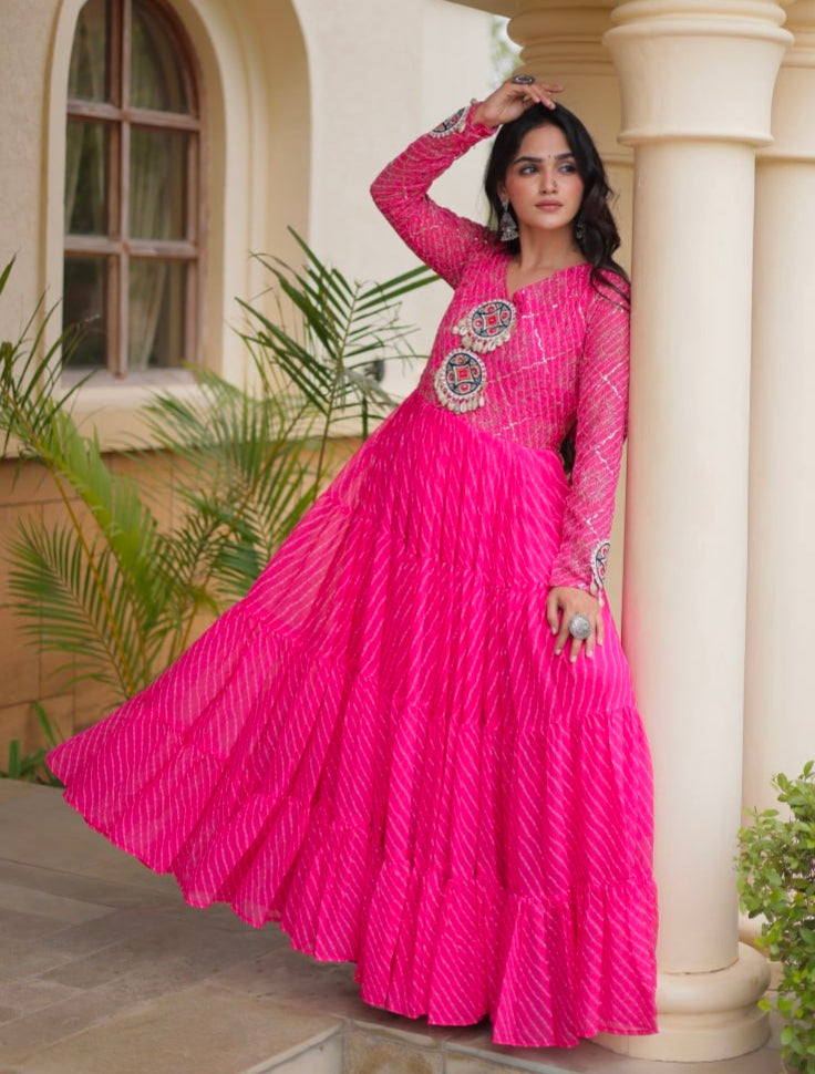 Pink Pure Faux Georgette Lahariya Print with Kutchi Patchwork Navratri Gown