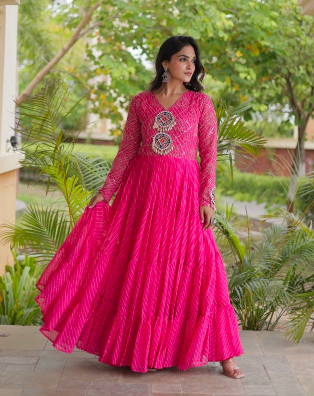 Pink Pure Faux Georgette Lahariya Print with Kutchi Patchwork Navratri Gown