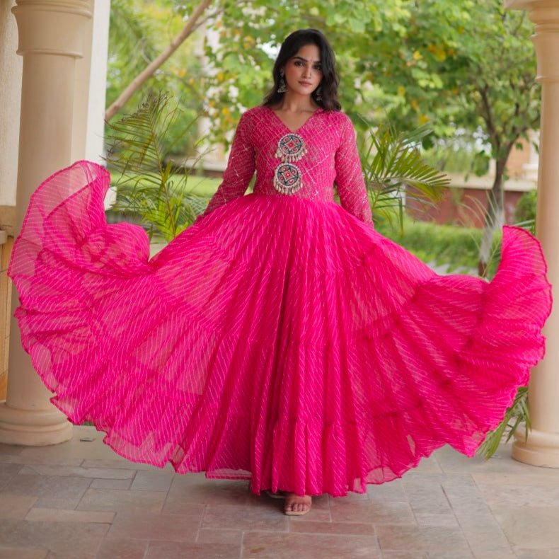 Pink Pure Faux Georgette Lahariya Print with Kutchi Patchwork Navratri Gown