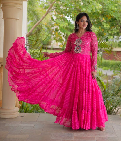 Pink Pure Faux Georgette Lahariya Print with Kutchi Patchwork Navratri Gown