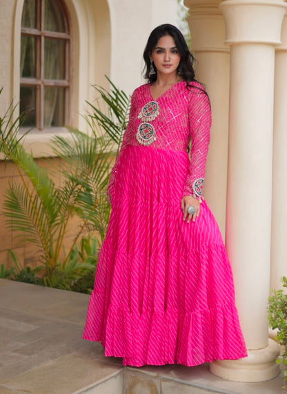 Pink Pure Faux Georgette Lahariya Print with Kutchi Patchwork Navratri Gown