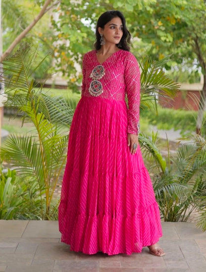 Pink Pure Faux Georgette Lahariya Print with Kutchi Patchwork Navratri Gown