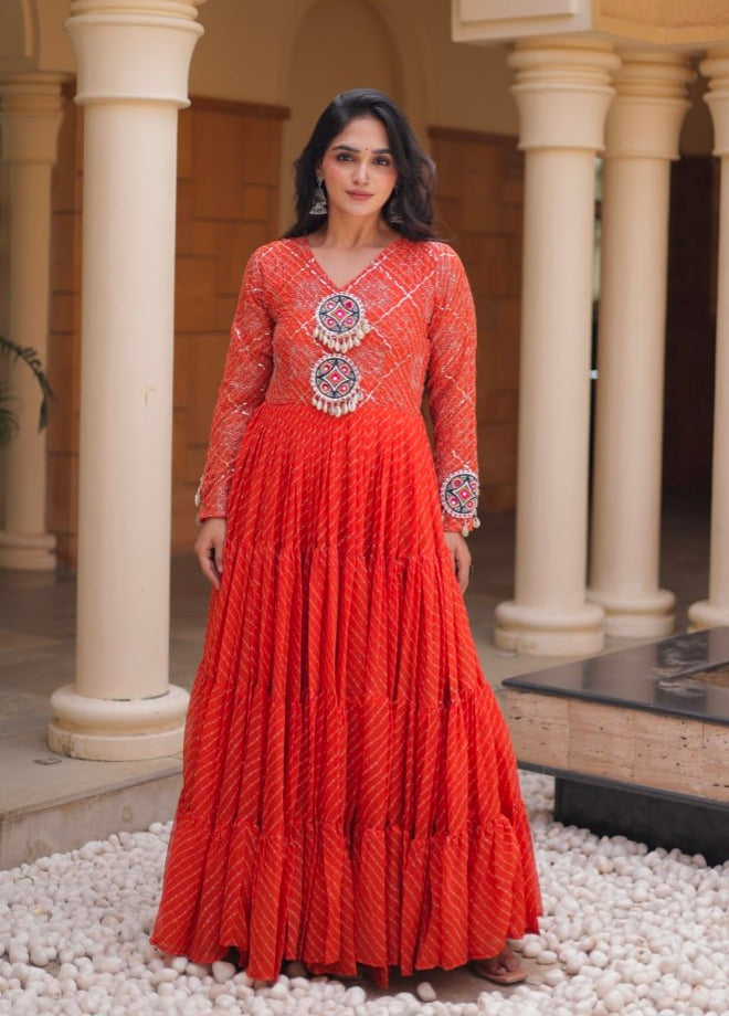 Pink Pure Faux Georgette Lahariya Print with Kutchi Patchwork Navratri Gown