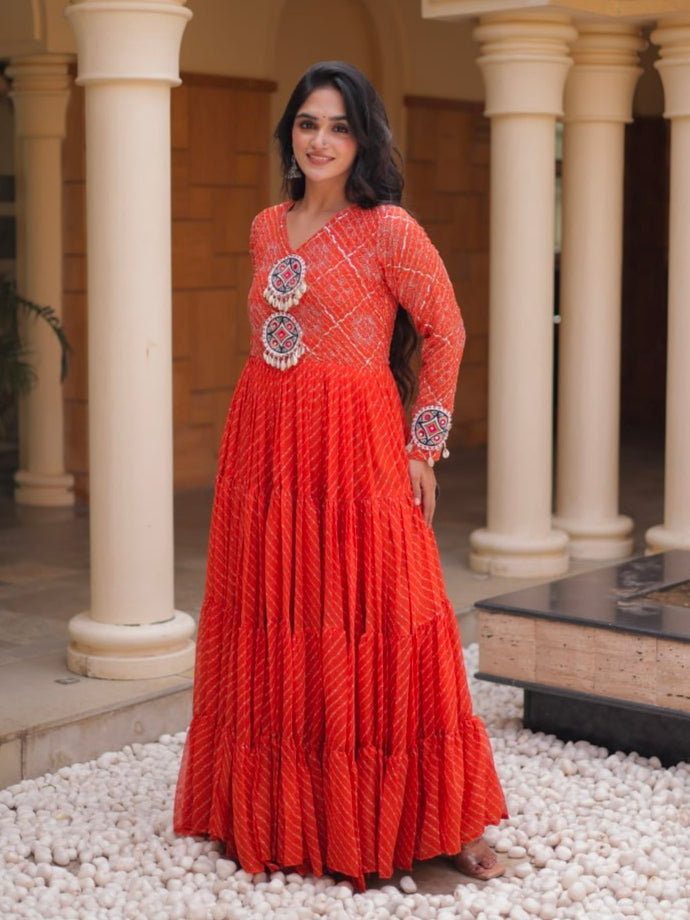 Pink Pure Faux Georgette Lahariya Print with Kutchi Patchwork Navratri Gown