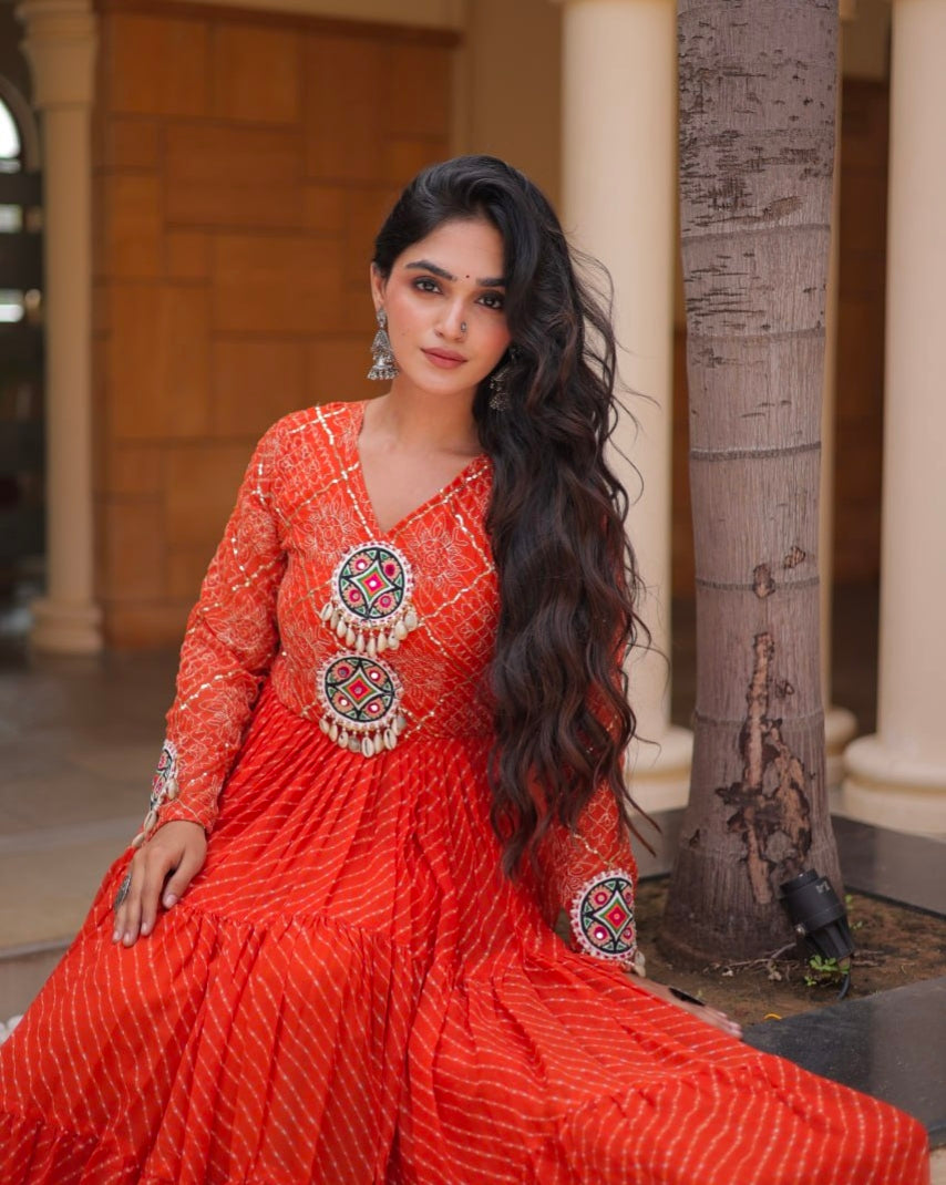 Pink Pure Faux Georgette Lahariya Print with Kutchi Patchwork Navratri Gown