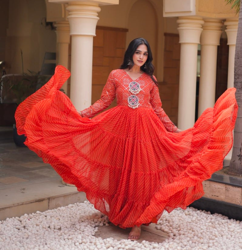 Pink Pure Faux Georgette Lahariya Print with Kutchi Patchwork Navratri Gown