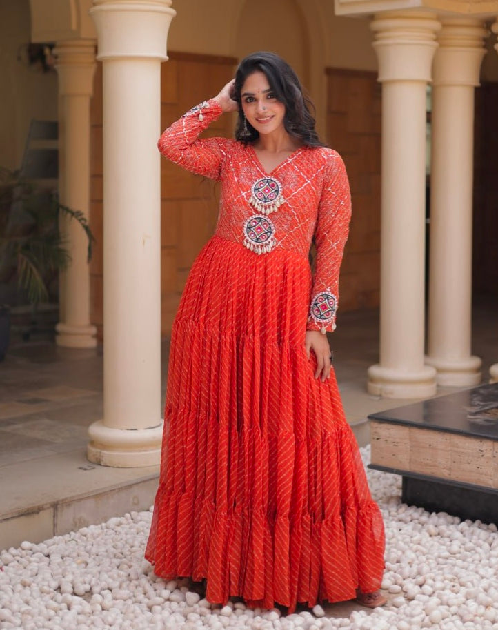 Pink Pure Faux Georgette Lahariya Print with Kutchi Patchwork Navratri Gown
