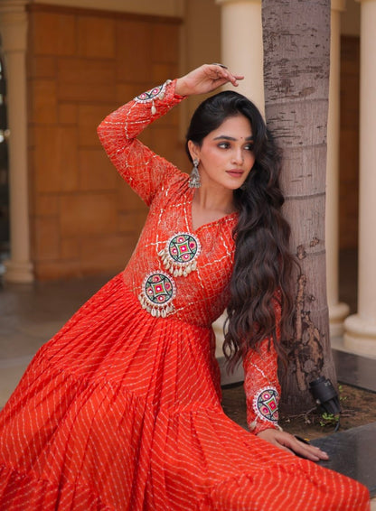 Pink Pure Faux Georgette Lahariya Print with Kutchi Patchwork Navratri Gown