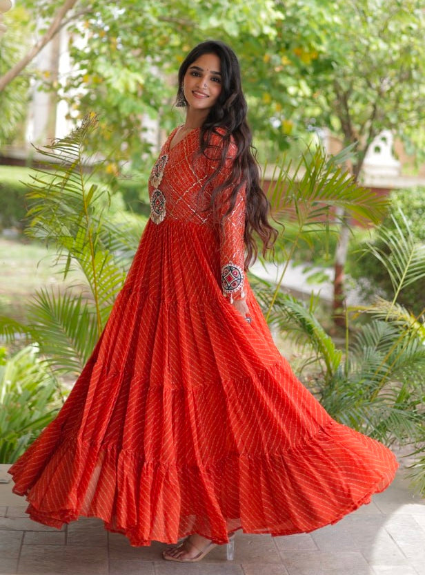Pink Pure Faux Georgette Lahariya Print with Kutchi Patchwork Navratri Gown