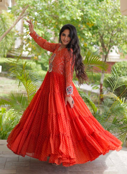 Pink Pure Faux Georgette Lahariya Print with Kutchi Patchwork Navratri Gown