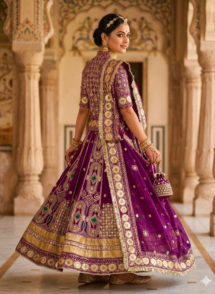 Wine Pure Georgette 08 Mtr Flair Gotta Patti Work Rajasthani Rajwadi Rajputi Lehenga Choli