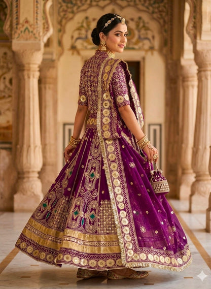 Wine Pure Georgette 08 Mtr Flair Gotta Patti Work Rajasthani Rajwadi Rajputi Lehenga Choli