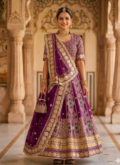 Wine Pure Georgette 08 Mtr Flair Gotta Patti Work Rajasthani Rajwadi Rajputi Lehenga Choli