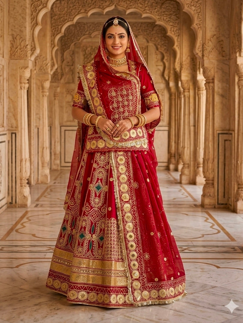 Red Pure Georgette 08 Mtr Flair Gotta Patti Work Rajasthani Rajwadi Rajputi Lehenga Choli