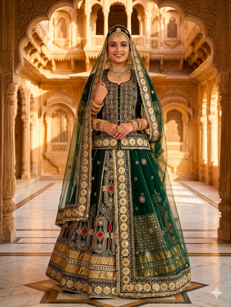 Green Pure Georgette 08 Mtr Flair Gotta Patti Work Rajasthani Rajwadi Rajputi Lehenga Choli