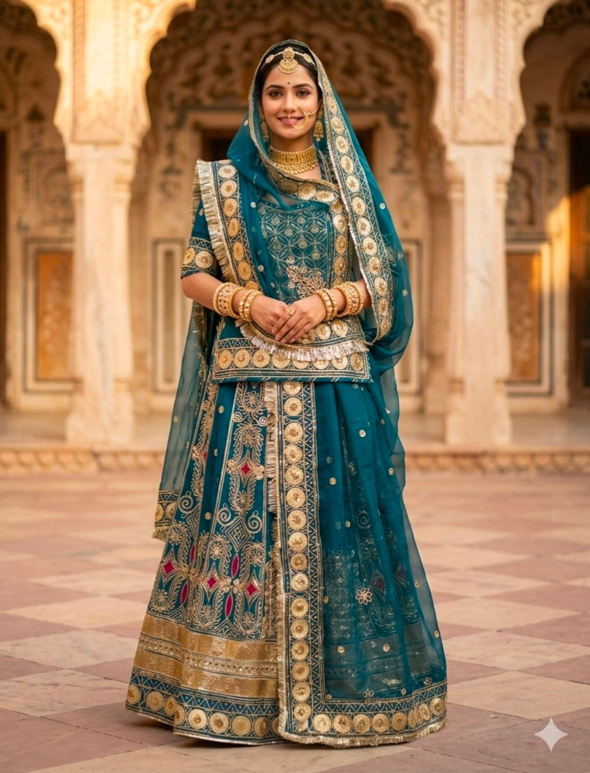 Teal Blue Pure Georgette 08 Mtr Flair Gotta Patti Work Rajasthani Rajwadi Rajputi Lehenga Choli