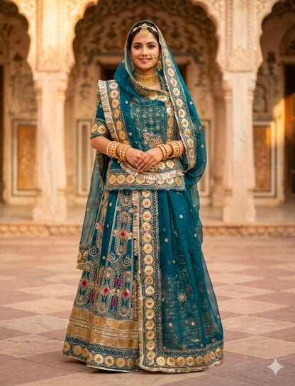 Teal Blue Pure Georgette 08 Mtr Flair Gotta Patti Work Rajasthani Rajwadi Rajputi Lehenga Choli