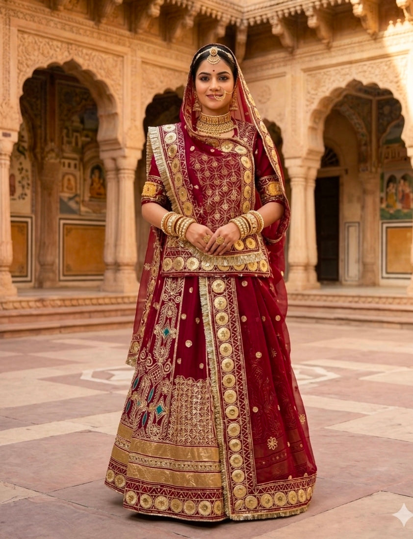 Maroon Pure Georgette 08 Mtr Flair Gotta Patti Work Rajasthani Rajwadi Rajputi Lehenga Choli
