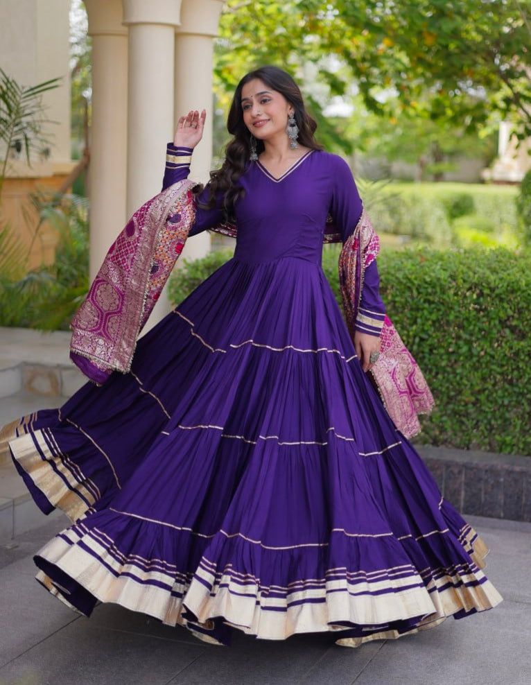 Purple Pure Reyon Cotton Gotta Patti Lace Work Anarkali Long Gown