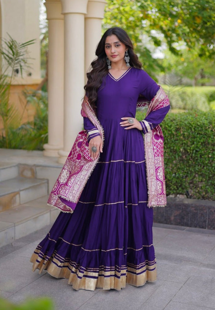 Purple Pure Reyon Cotton Gotta Patti Lace Work Anarkali Long Gown