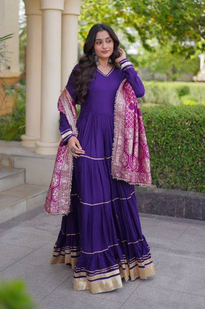 Purple Pure Reyon Cotton Gotta Patti Lace Work Anarkali Long Gown