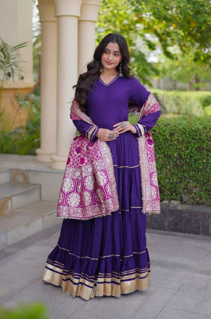 Purple Pure Reyon Cotton Gotta Patti Lace Work Anarkali Long Gown