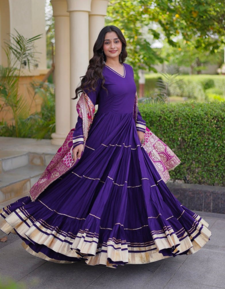 Purple Pure Reyon Cotton Gotta Patti Lace Work Anarkali Long Gown