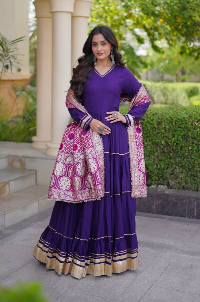 Purple Pure Reyon Cotton Gotta Patti Lace Work Anarkali Long Gown