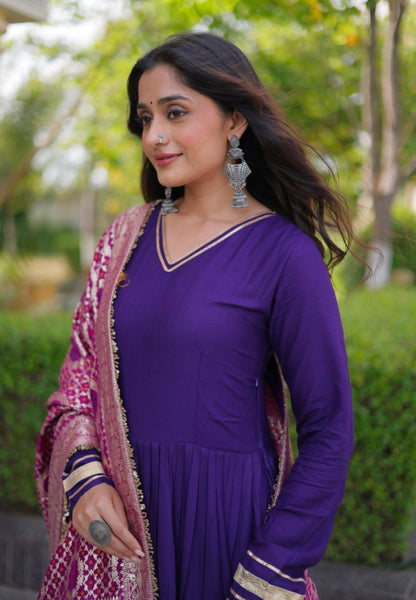 Purple Pure Reyon Cotton Gotta Patti Lace Work Anarkali Long Gown