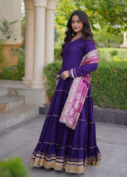 Purple Pure Reyon Cotton Gotta Patti Lace Work Anarkali Long Gown