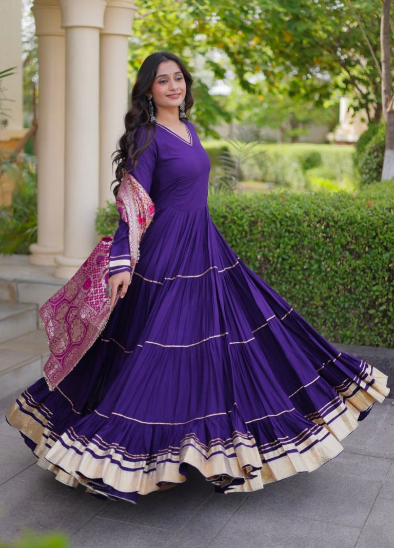 Purple Pure Reyon Cotton Gotta Patti Lace Work Anarkali Long Gown