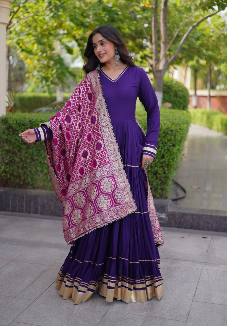 Purple Pure Reyon Cotton Gotta Patti Lace Work Anarkali Long Gown