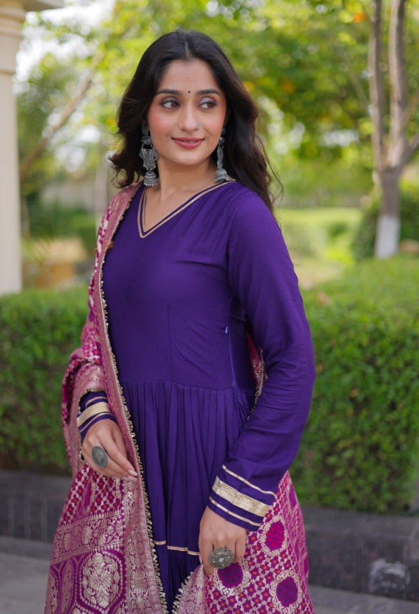 Purple Pure Reyon Cotton Gotta Patti Lace Work Anarkali Long Gown